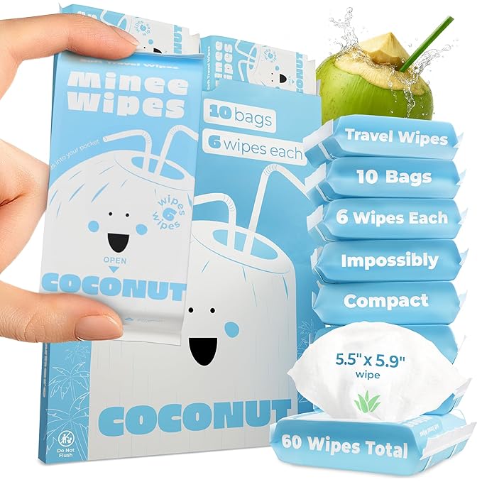 Impossibly Compact Travel Wipes - 99.5% Water - Safe for Sensitive Skin & Hypoallergenic, Resealable, Thick & Durable - For Adults, Kids & Baby Care - Coconut, 10 Pack Total 60 Wipes