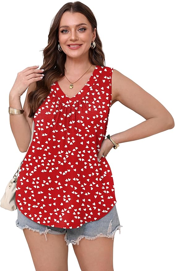 OFEEFAN Tank Top for Women Loose Fit Sleeveless Shirts V Neck Summer Clothes Ruched Women's Tees and Tanks Curved Hem