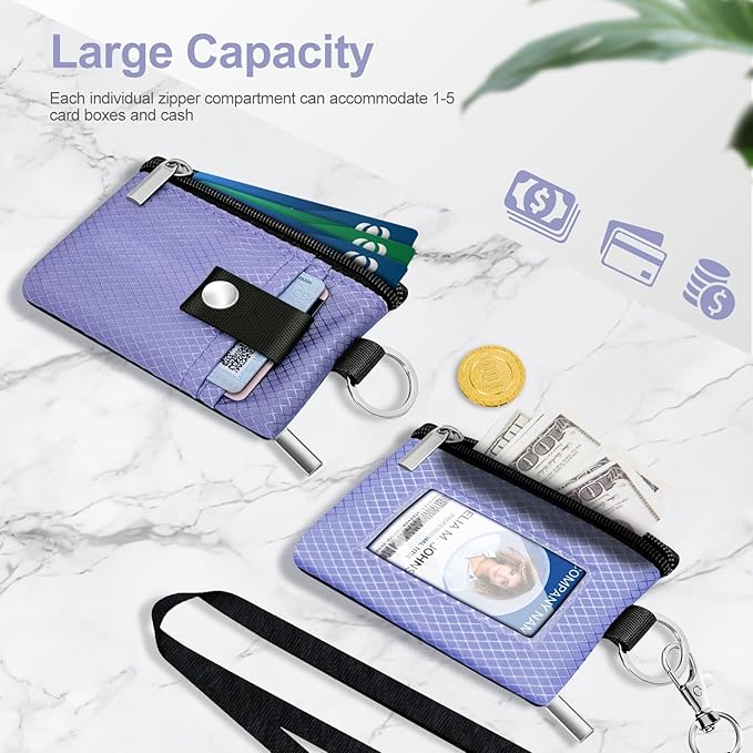 Minimalist RFID Blocking Small Wallet with ID Window,WaterResistant Zip Id Case Wallet with Lanyard Keychain for Cards,Cash,Travel,Women,Men (Lavender Purple)