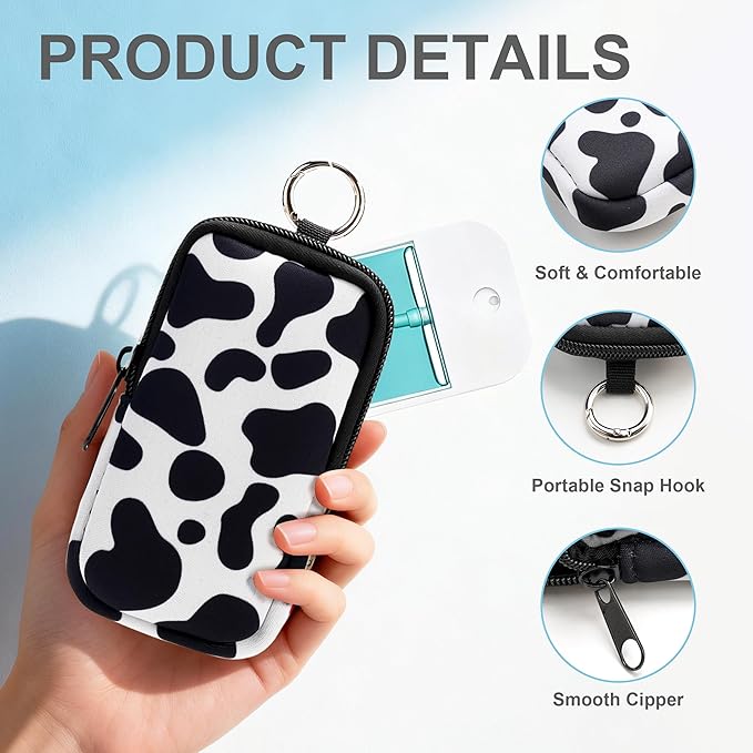 KJQJLY 2 Pack Hand Sanitizer Holder Pouch, Zippered Portable Sanitizer Case with Cute Pattern, Keychain D-Ring for Purse, Backpack & Travel