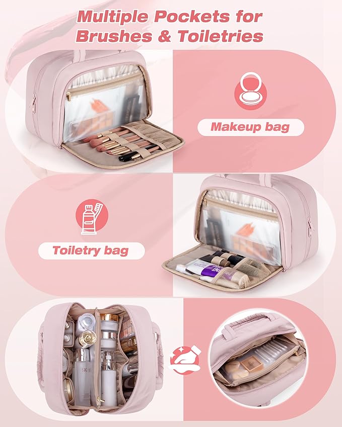 Marscamd Travel Makeup Bag for Women, Puffy Cosmetics & Toiletry Organizer with Leakproof Pockets for Travel-Size Shampoo, Conditioner, Brushes & Essentials - Medium Size, Pink (Bag Only)