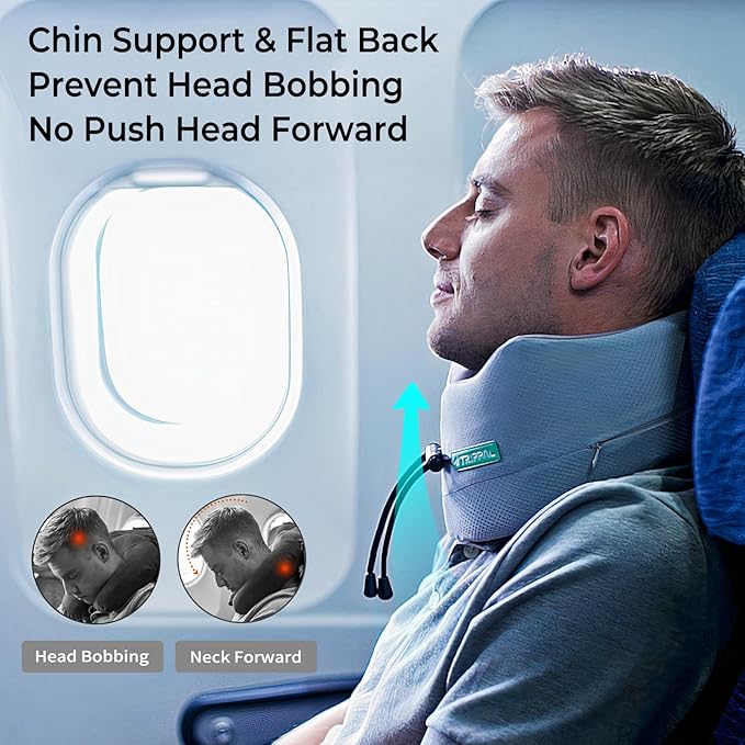 Airplane Travel Support Pillow: Head Sinking Depth Under 2cm - 5+ Hours Upright Sleep Without Neck Pain & Strain for Frequent Flyers on Long Flights - 360 Chin Support Prevent Head Bobbing
