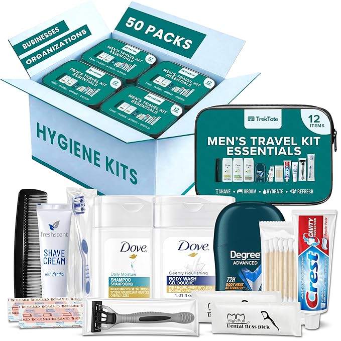 Stuhrling Bottle TrekTote Bulk Men’s Travel Hygiene Kits Case Pack of 12 Piece Kits TSA Approved Travel Size Toiletry Kits with Toothbrush Toothpaste Deodorant Razor for Outreach Emergency Use