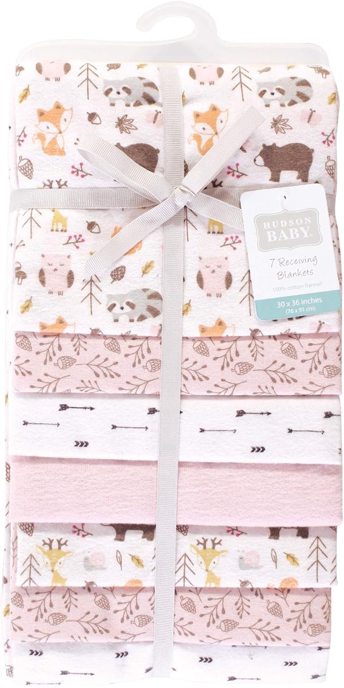 Hudson Baby Unisex Baby Cotton Flannel Receiving Blankets Bundle, Girl Pinecone, One Size