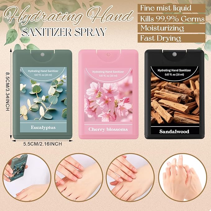 Set of 3 Power Mist Hydrating Hand Sanitizer Spray Bulk Travel Size Moisturizing Hand Sanitizer 0.67 Fl. oz Compact Card Spray Bottle Cherry Blossoms Eucalyptus Sandalwood for Spring Gifts