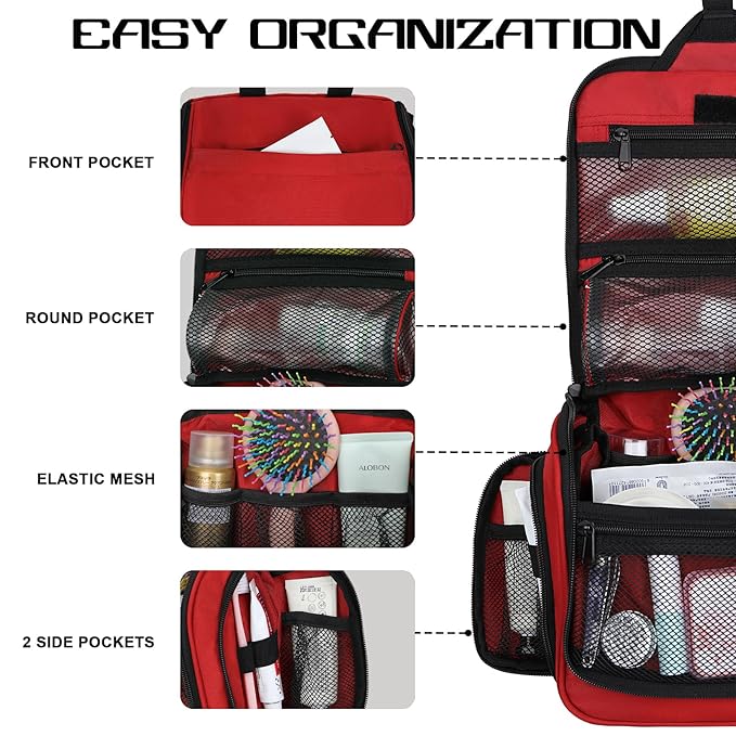 Goloni Hanging Toiletry Bag, 10 Compartments Water-Resistant Makeup Bag with 360° Spinning Metal Hook, Large Travel Cosmetic Organizer for Men & Women, Red (7.05oz)