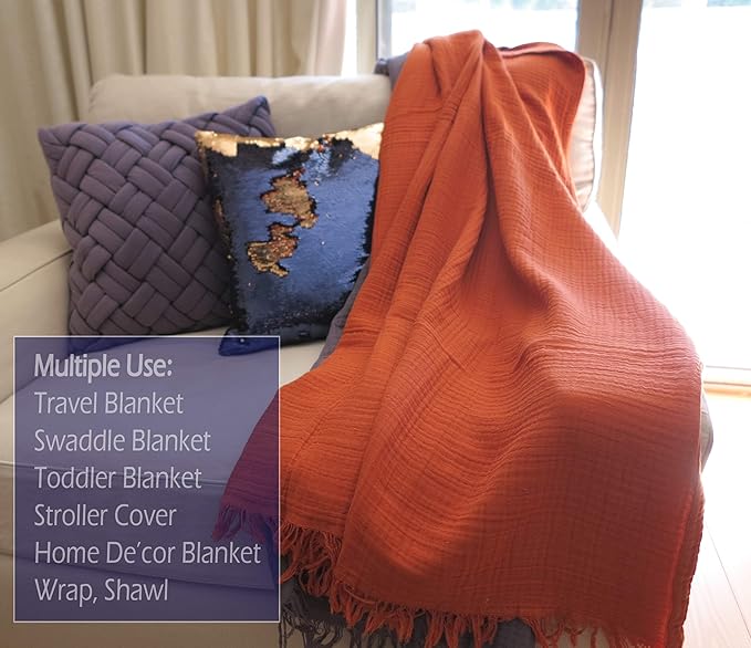 KyraHome 100% Cotton Throw Blankets for Adults, 60"x80" Muslin Blankets for Couch, Picnic, Plant-Dyed, Lightweight Breathable Blanket, All Season, (Terracotta/Burnt Orange)