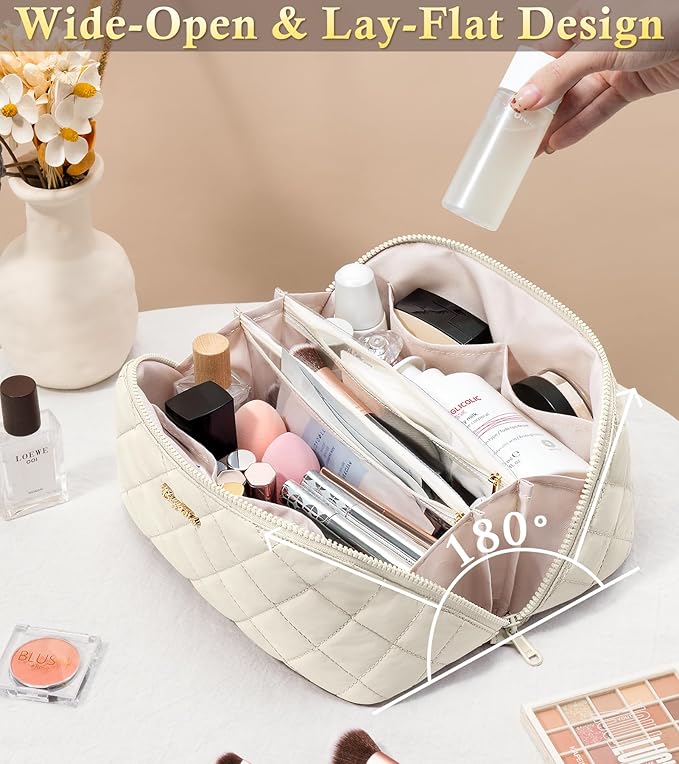Travel Makeup Bag, 3 Pcs Large Capacity Puffy Toiletry Bag for Women, Open Flat Make up Cosmetic Organizer w/Handle & Clear Divider Water-resistant Portable Pouch Travel Essentials, L-Cream White