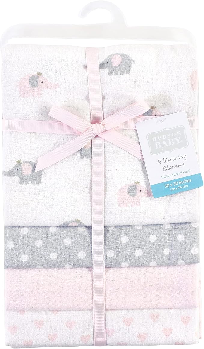 Hudson Baby Unisex Baby Cotton Flannel Receiving Blankets, Pink Gray Elephant, One Size