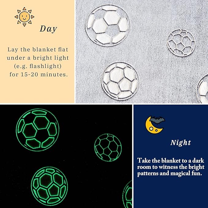 Wajade Soccer Gifts for Boys Girls - Glow in The Dark Soccer Blanket Birthday for Kids Age 3 4 5 6 7 8 9 10 11 12 Years Old Teens Child Toddler Throw Light Grey 40"x50"