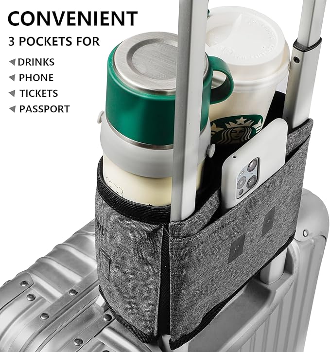 riemot Luggage Travel Cup Holder Free Hand Drink Carrier - Hold Two Coffee Mugs No Spill - Fits Roll on Suitcase Handles - Gifts for Flight Attendants Travelers Accessories Grey