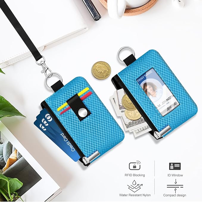 Minimalist RFID Blocking Small Wallet with ID Window,WaterResistant Zip Id Case Wallet with Lanyard Keychain for Cards,Cash,Travel,Women,Men (Lake Blue)