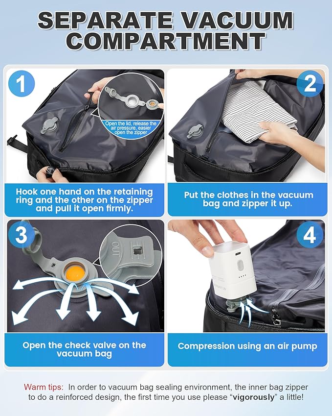 VGCUB Vacuum Backpack Travel with Pump Vacpack System Storage Carry on Work Laptop Business Waterproof College Compression Personal Item Daypack Backpacks for Women Men Black