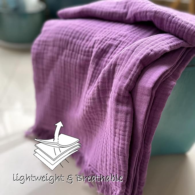 KyraHome 100% Organic Cotton 50"x60" Muslin Throw Blankets for Adults, Couch Picnic, Travel, Plant Dyed, Lightweight Gauze Soft Summer Blankets, All Season, Purple/Lavender