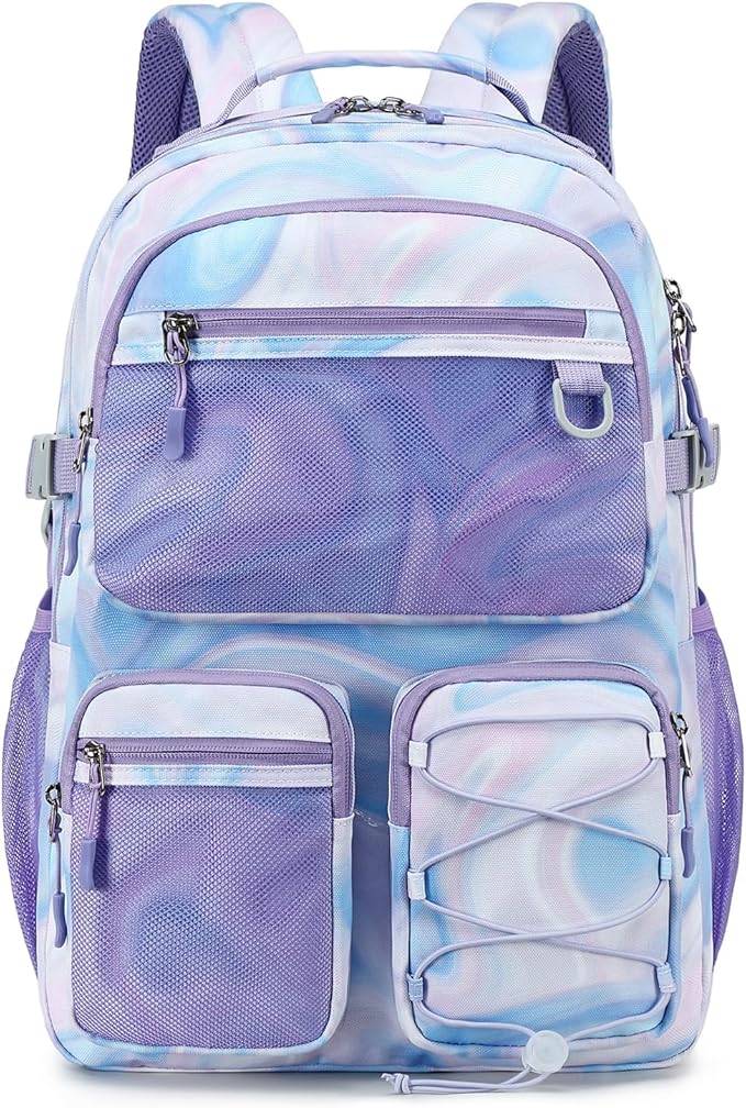 Lohol Multi-Pocket Backpack for School College Travel, Heavy Duty Big Bookbag with 15.6 inch Laptop Compartment (Purple Galaxy