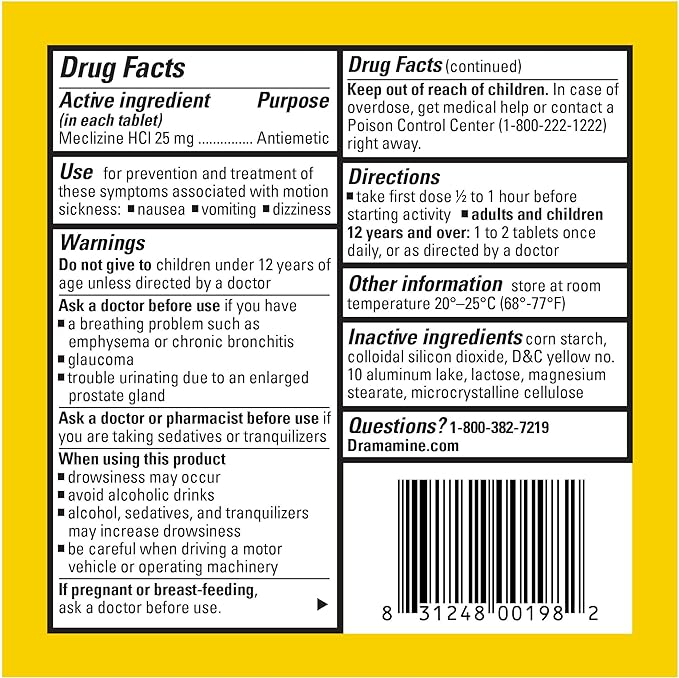 Dramamine Motion Sickness Less Drowsy, Travel Vial, Multicolor, 8 Count (Pack of 3)