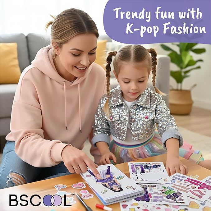 BSCOOL Sticker Dress up K-Pop - Sticker Activity Book for Kids. Learn Girls Fashion Design with Stickers and Guides for Kids 5 and up. K-Pop Singer Performance. Easter Gift for Girls