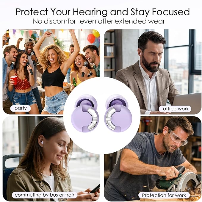 Adjustable Ear Plugs - 3 Noise Cancelling Modes for Concerts, Work, Travel & More, Reusable Hearing Protection with 4 Sizes (XS/S/M/L), Comfortable Ear Plugs for Noise Reduction, Purple Silver