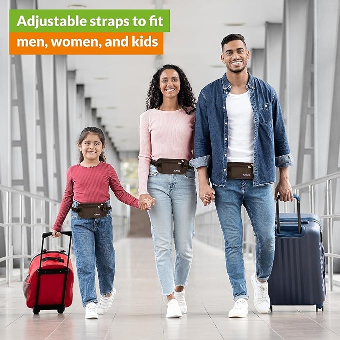 Boxiki Travel Brown Money Belt with RFID Sleeves Set - 8 Pcs Navy Blue | Secure Waist Bag and RFID Card Holder for Men and Women