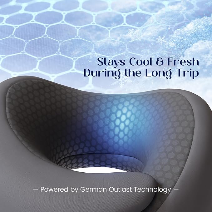 Dream Valley® Neck Travel Pillow, Memory Foam Travel Pillow for Airplane, Portable Roll-Up Neck Pillow with Cooling Inner Fabric, 360° Ergonomic Support, No Head Bobbing, Travel Bag Included