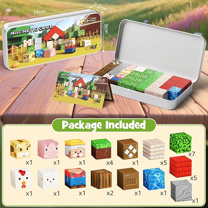 Mini Magnetic Blocks Farm Animals Travel Toys, 35PCS Portable STEM Magnetic Building Cubes with Metal Storage Box for Kids Ages 4-8, Road Trip & Airplane Essentials