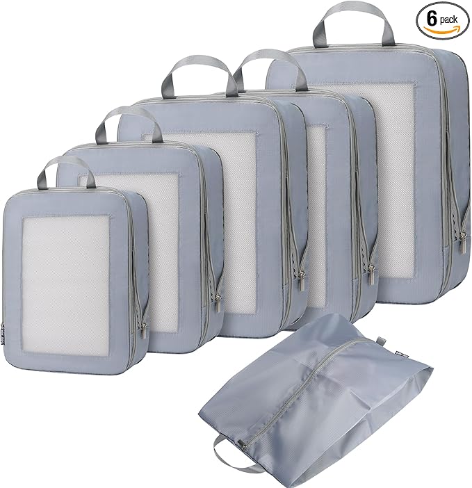 Ultralight Compression Packing Cubes for Suitcases Carry on，Compressible Mesh Packing Cubes for Travel Women Travel Essentials with Shoe Bag 6 Set (Grey)
