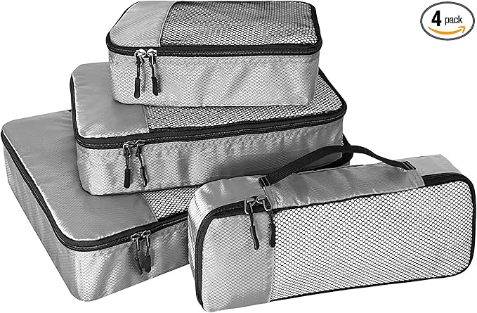 WTREE 4-Piece Packing Cubes Travel Accessories Set for Suitcases - Luggage Organizer Bags with Double Zipper - Mesh Top - Small/Medium/Large/Slim - Grey