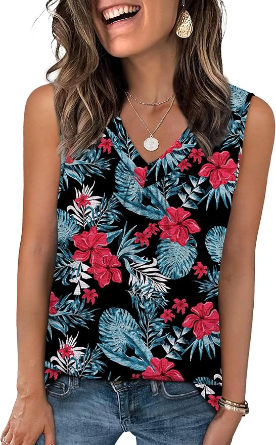 OFEEFAN Tank Top for Women Loose Fit Sleeveless Shirts V Neck Summer Clothes Ruched Women's Tees and Tanks Curved Hem
