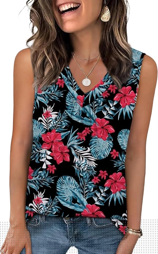 OFEEFAN Tank Top for Women Loose Fit Sleeveless Shirts V Neck Summer Clothes Ruched Women's Tees and Tanks Curved Hem