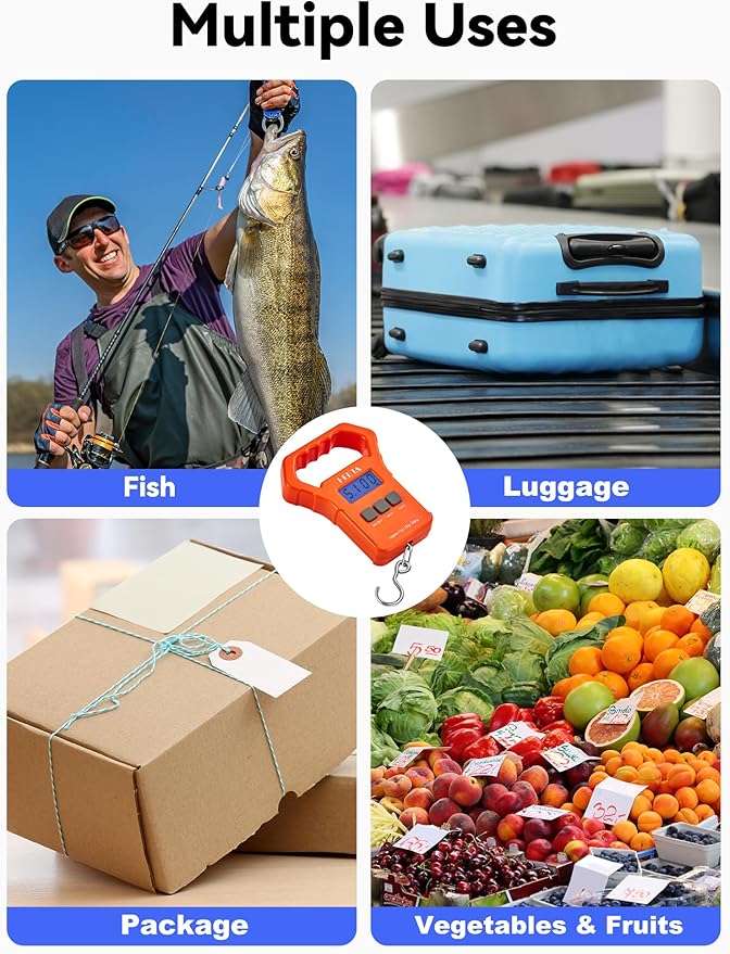 HEETA Fish Scale, 110lb/50kg Digital Portable Hanging Fishing Weight Scale with Backlit LCD Display, Luggage Scale with Hook, Non-Slip Large ABS Handle & 2 AAA Batteries, Fishing Gifts Gear for Men