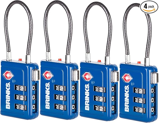 Brinks TSA Accepted Indicator Luggage Lock, Blue - Resettable 3-Dial Combination, 1.5 inch Long Cable Shackle, New More Secure TSA008 Key, 4 Pack