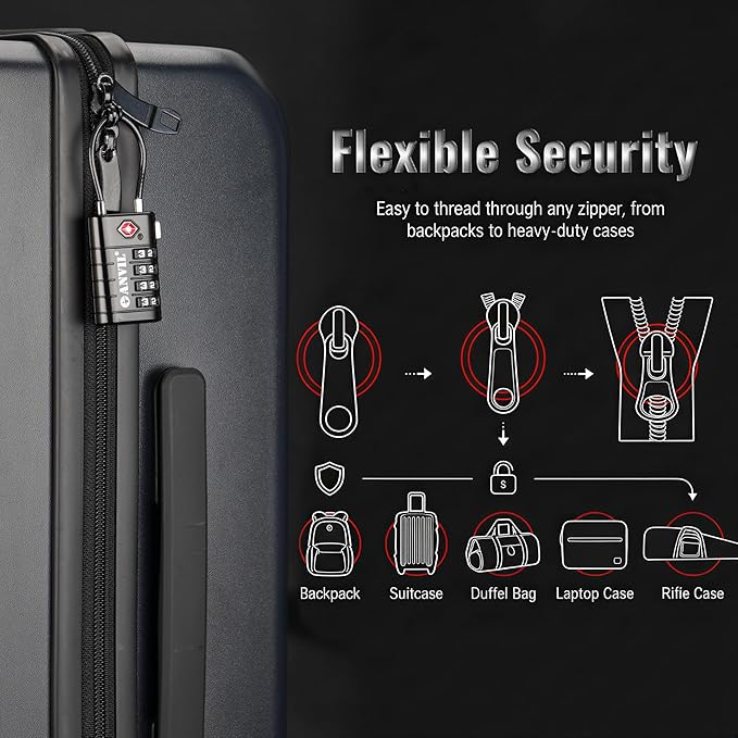 ANVIL TSA Approved Luggage Locks with Search Alert Indicator, 4-Digit Combination Suitcase Lock, Advanced TSA008 Core Heavy Duty Anti-Theft Travel Lock for Double Zippers, Backpacks (8, Black)