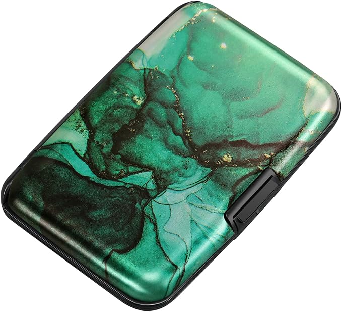 ELFISH Mini RFID Aluminum Wallet Credit Cards Holder Business Card Case Metal ID Case for Men Women (Greenblack Marble)