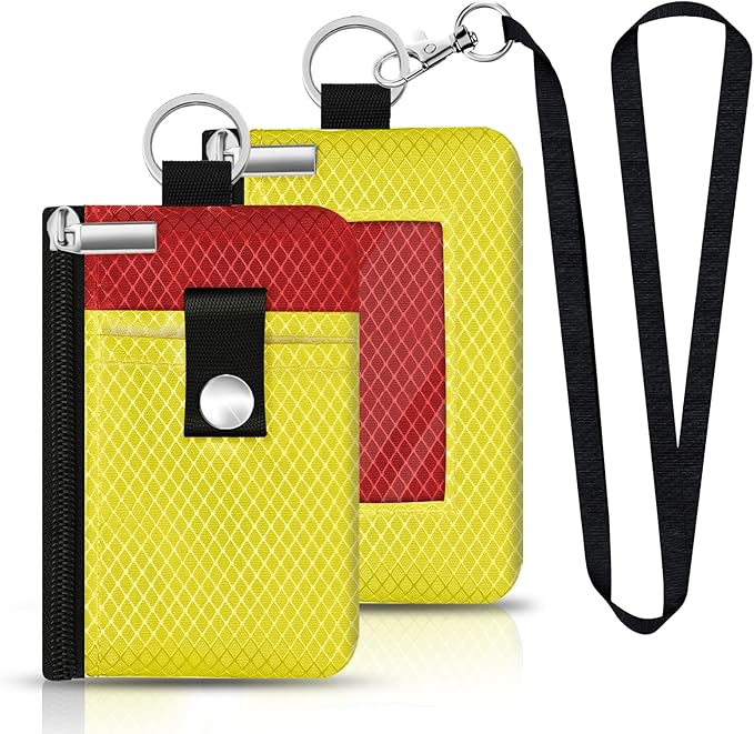 Minimalist RFID Blocking Small Wallet with ID Window,WaterResistant Zip Id Case Wallet with Lanyard Keychain for Cards,Cash,Travel,Women,Men (Lemon Yellow/Red)