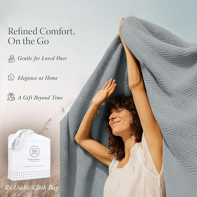 Threadmill Luxury Cotton Blankets for King Size Bed | All-Season Cozy 100% Cotton King Size Blanket | Herringbone Soft Fall Thermal Blanket fits Cal King Size Bed | Scottish Grey