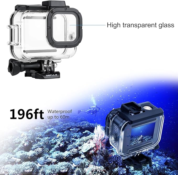 GEPULY 60M/196FT Waterproof Case for GoPro Hero 13 12 11 10 9 Black, Floating Handle Grip Pole Stick Monopod Underwater Accessories Protective Case Dive Shell