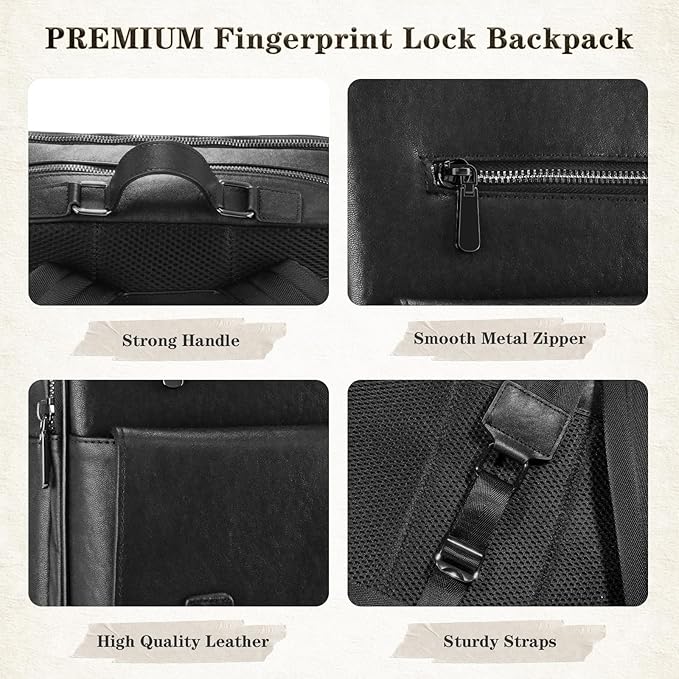 BBMars Smart Anti-Theft Backpack: Biometric Lock, Support Find My (iOS Only), Luxury Black Leather 15.6" Laptop Executive Bag for Men, Business Travel Daypack