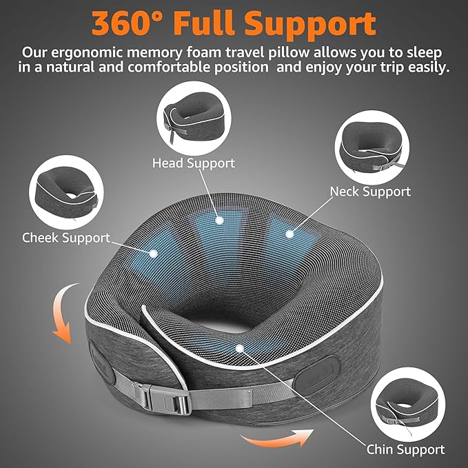 Travel Pillows for Airplanes Ergonomic Memory Foam Neck Pillow for Travel - 360° Head & Neck Support for Sleeping on Flights, Cars, Trains & Office (Dark Gray-1)