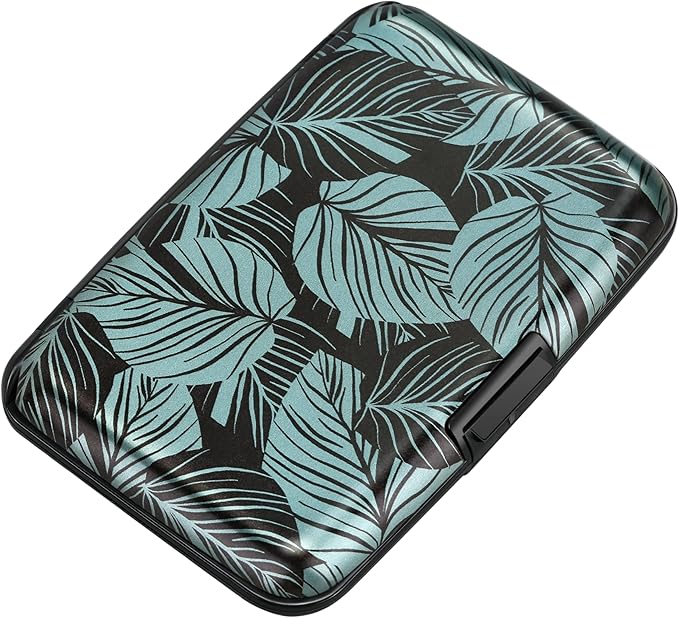 ELFISH Mini RFID Aluminum Wallet Credit Cards Holder Business Card Case Metal ID Case for Men Women(Gray Leaves)