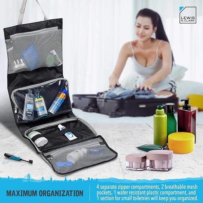 Lewis N. Clark Hanging Toiletry Bag for Travel Accessories, Shampoo, Cosmetics + Personal Items with Waterproof Compartment and Folding Design, Black