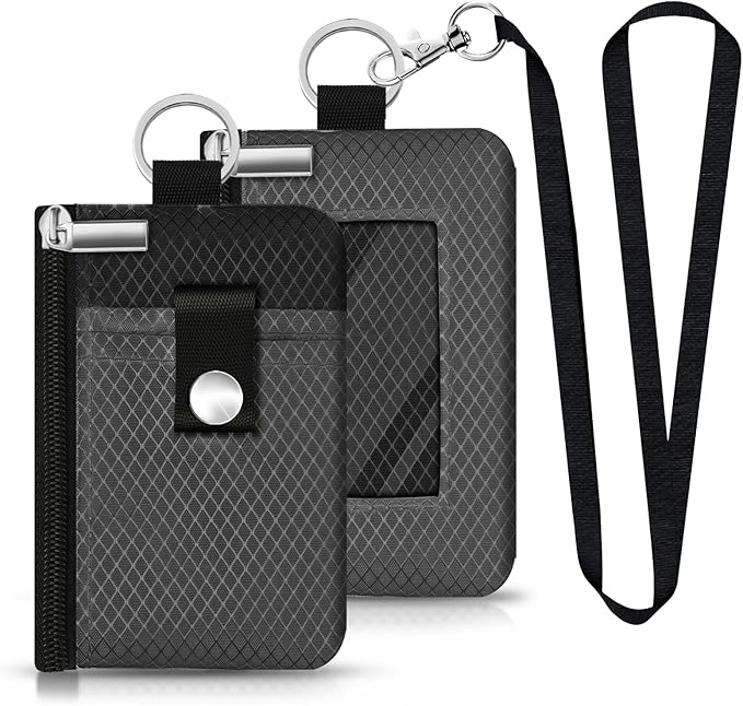 Minimalist RFID Blocking Small Wallet with ID Window,WaterResistant Zip Id Case Wallet with Lanyard Keychain for Cards,Cash,Travel,Women,Men (DarkGrey/Black)
