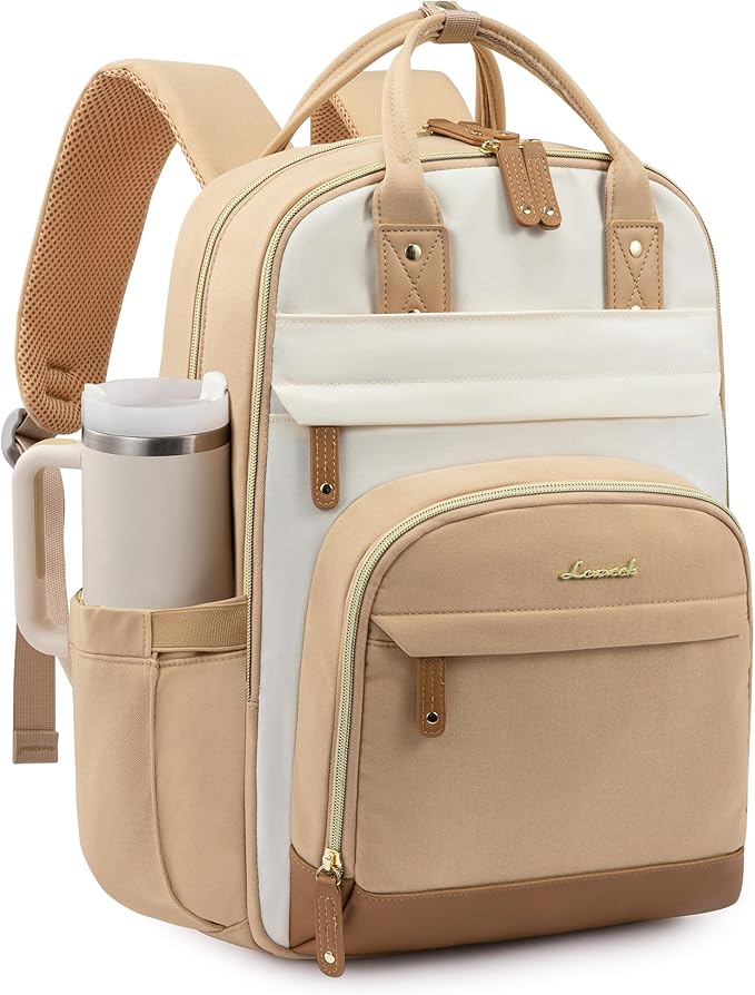 LOVEVOOK Laptop Backpack for Women with Giant Tumbler Holder Pocket,17.3 inch School College Bookbag Nurse Teacher Backpack,Work Travel Backpack Purse Laptop Computer Bag,Beige-Off-white-Earthy yellow