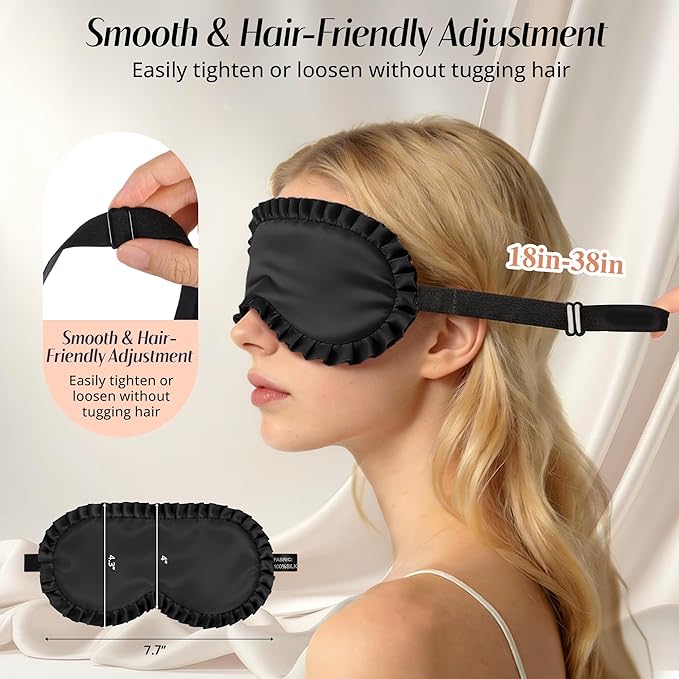 Silk Sleep Mask for Women: 100% Mulberry Silk Eye Mask, Black Back Sleeping Mask for Light Blocking, Soft Wavy Edge Eye Cover and Adjustable Strap, Travel & Sleep Gift (Black)