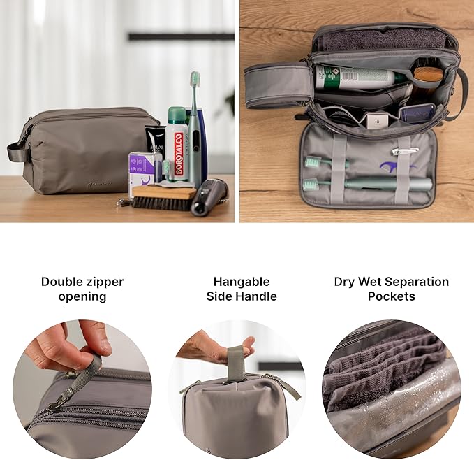 Carrywell (Not Made In China) Toiletry Bag For Men, Shaving Kit, Travel Organizer Dopp Kit, Interior Compartments and Pockets For Toiletries and Accessories, Grey