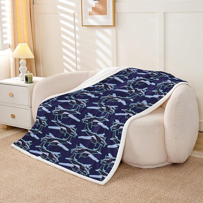 Cartoon Airplane Kids Throw Blanket,American Aircraft Toddler Bed Blanket for Girls Boys Adults,Hand-Painted Air Plane Fleece Blanket,Dark Blue Chic Fuzzy Blanket,40 x 50 Inches
