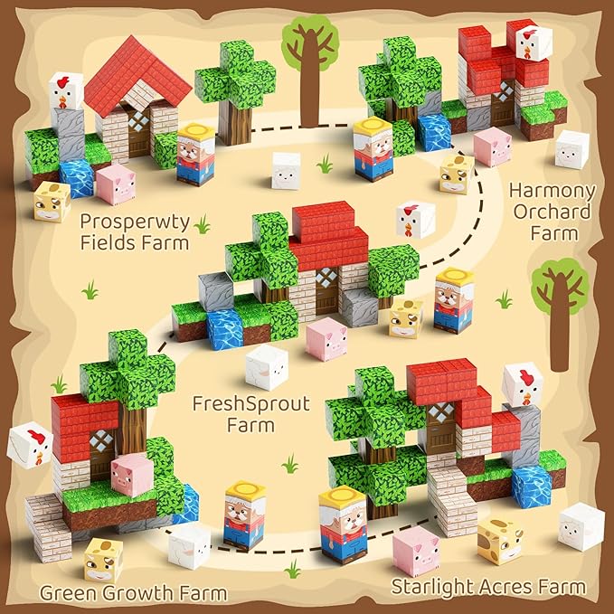 Mini Magnetic Blocks Farm Animals Travel Toys, 35PCS Portable STEM Magnetic Building Cubes with Metal Storage Box for Kids Ages 4-8, Road Trip & Airplane Essentials