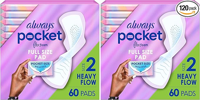 Always Pocket Feminine Pads with FlexFoam,Size 2,Heavy Flow,with Wings,Unscented,60 Count (Pack of 2)