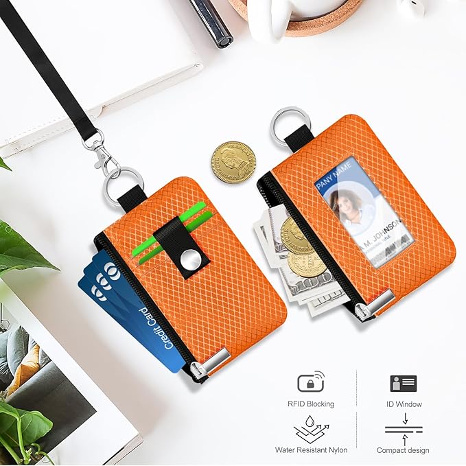 Minimalist RFID Blocking Small Wallet with ID Window,WaterResistant Zip Id Case Wallet with Lanyard Keychain for Cards,Cash,Travel,Women,Men (Orange)