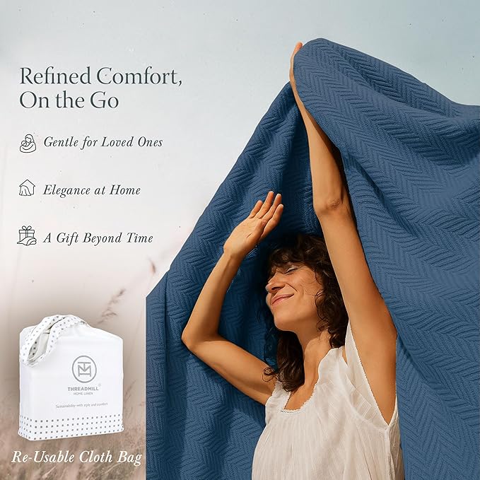 Threadmill Luxury Cotton Blankets for Queen Size Bed | All-Season 100% Cotton Queen Size Blanket | Herringbone Soft Breathable Fall Thermal Blanket fits Full Size Bed | Folkstone Blue
