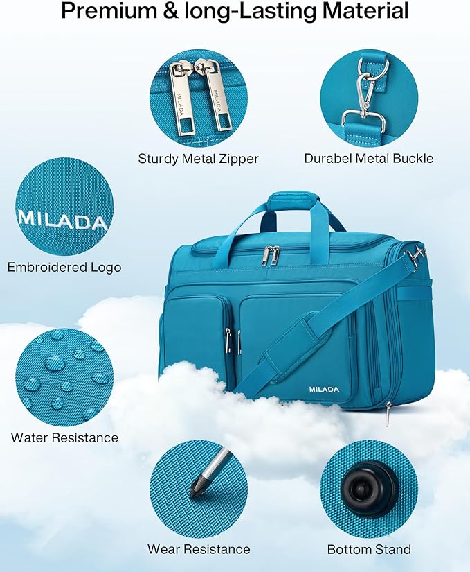 MILADA Carry On Luggage Bags for Travel Lightweight Personal Item Travel Bag Foldable Large Duffle Bag for Travel Tote Overnight Bags for Women Mens Weekender Bags, Caribbean Blue
